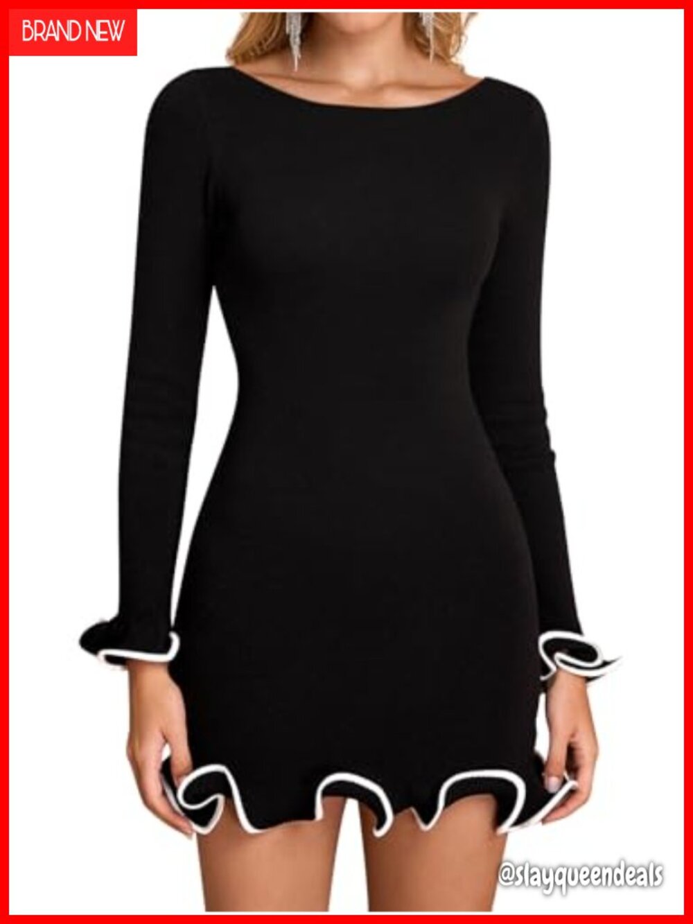 Long Sleeve Ruffle Knit Mini Dress Boat Neck Bodycon Party Sweater